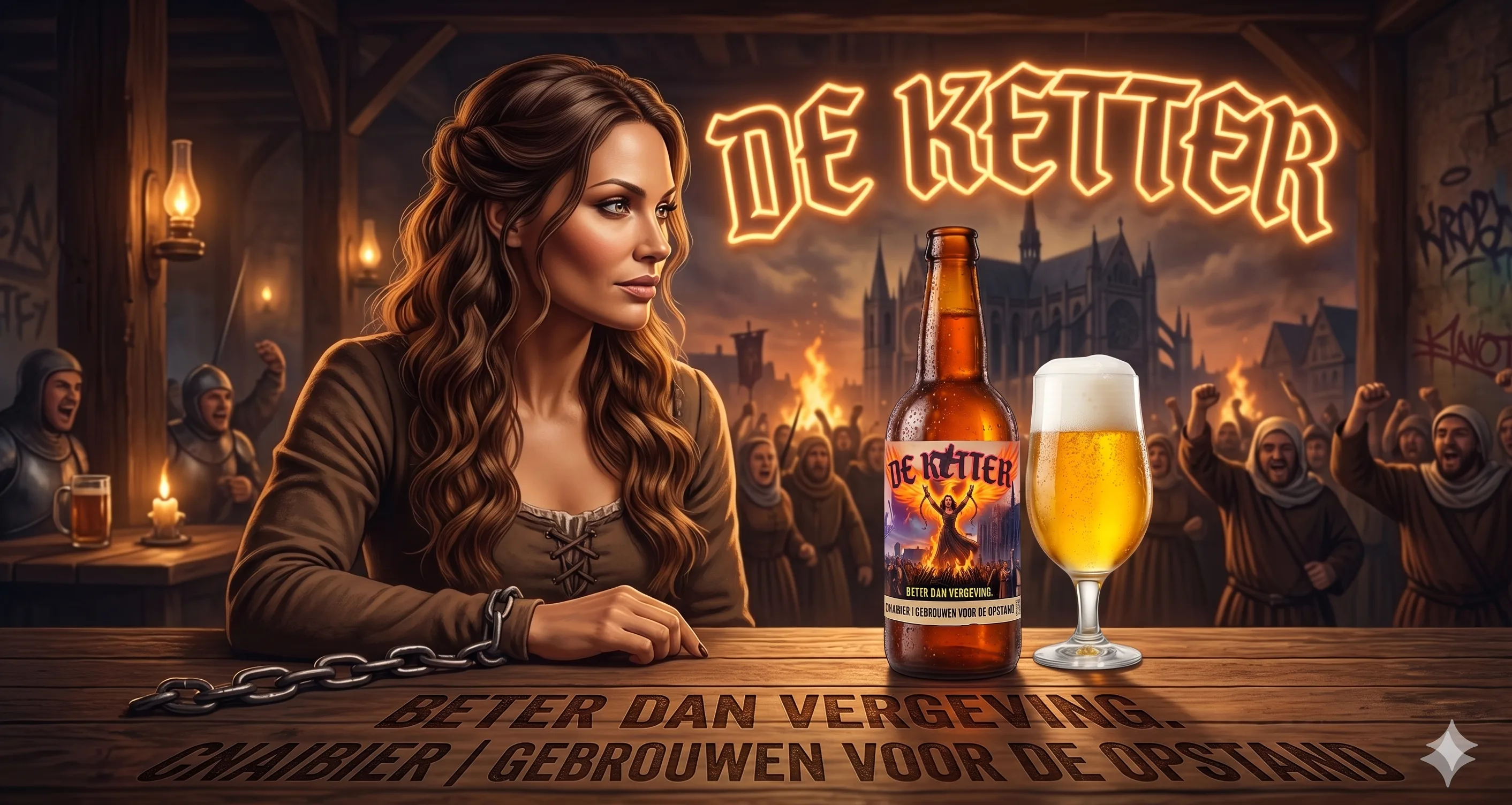 De Ketter hero-illustratie met een tafel vol tripel, vrouwen in gesprek en opstandige kroegsfeer