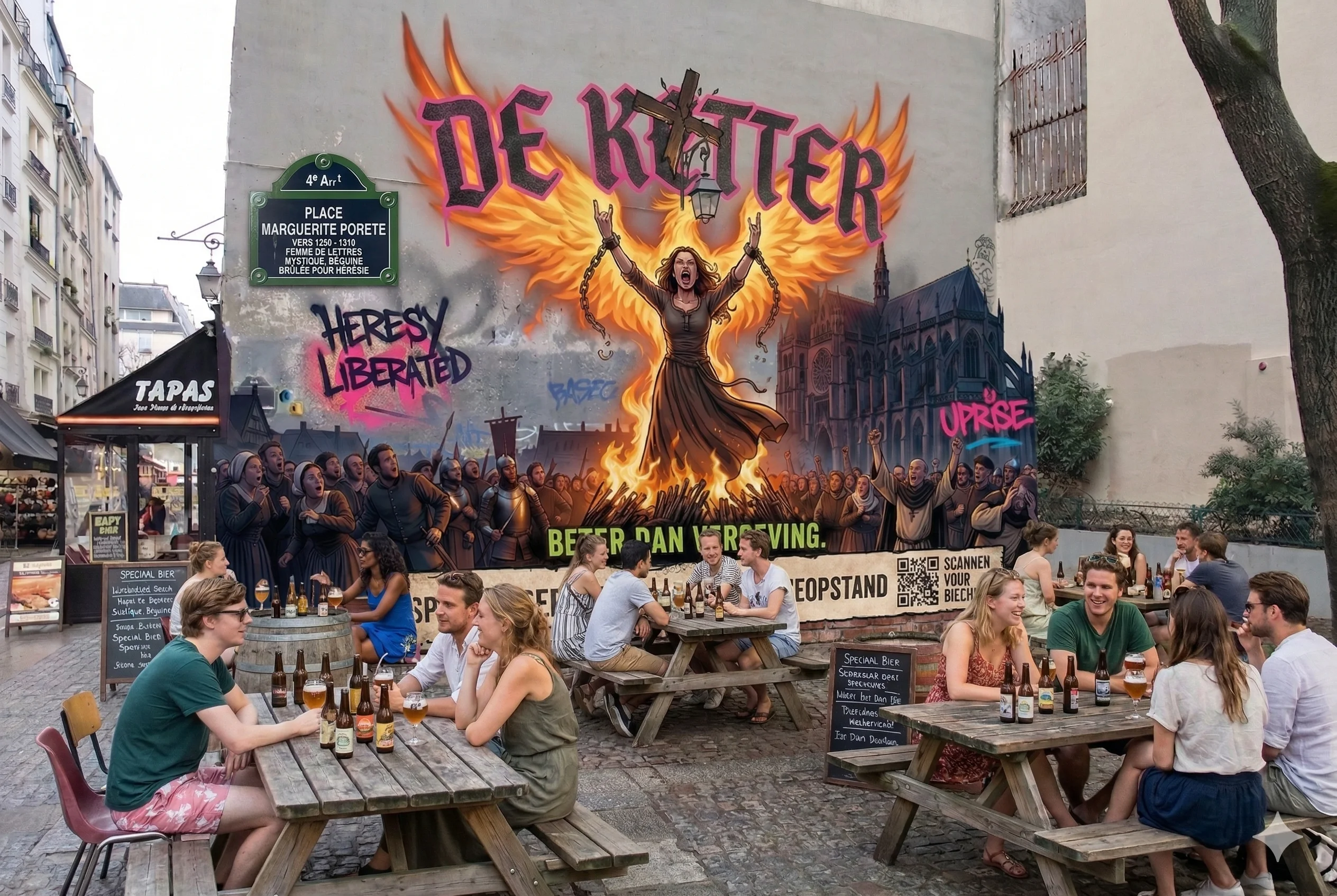 De Ketter tapasbar op Place Marguerite-Porete in Parijs — terras met mensen die samen De Ketter drinken, muurschildering van Marguerite Porete op de gevel