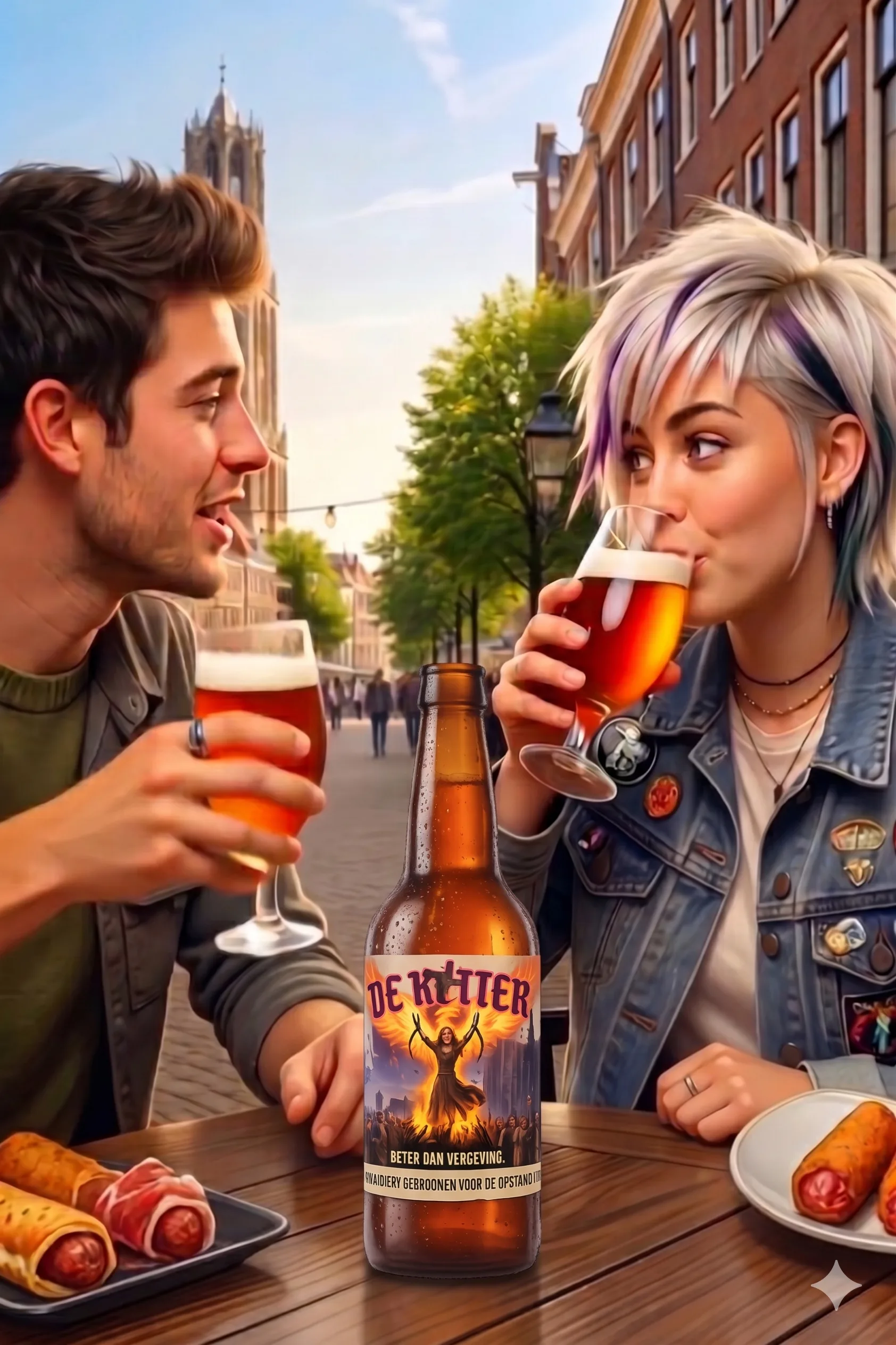 Twee mensen drinken De Ketter samen aan tafel in de stad