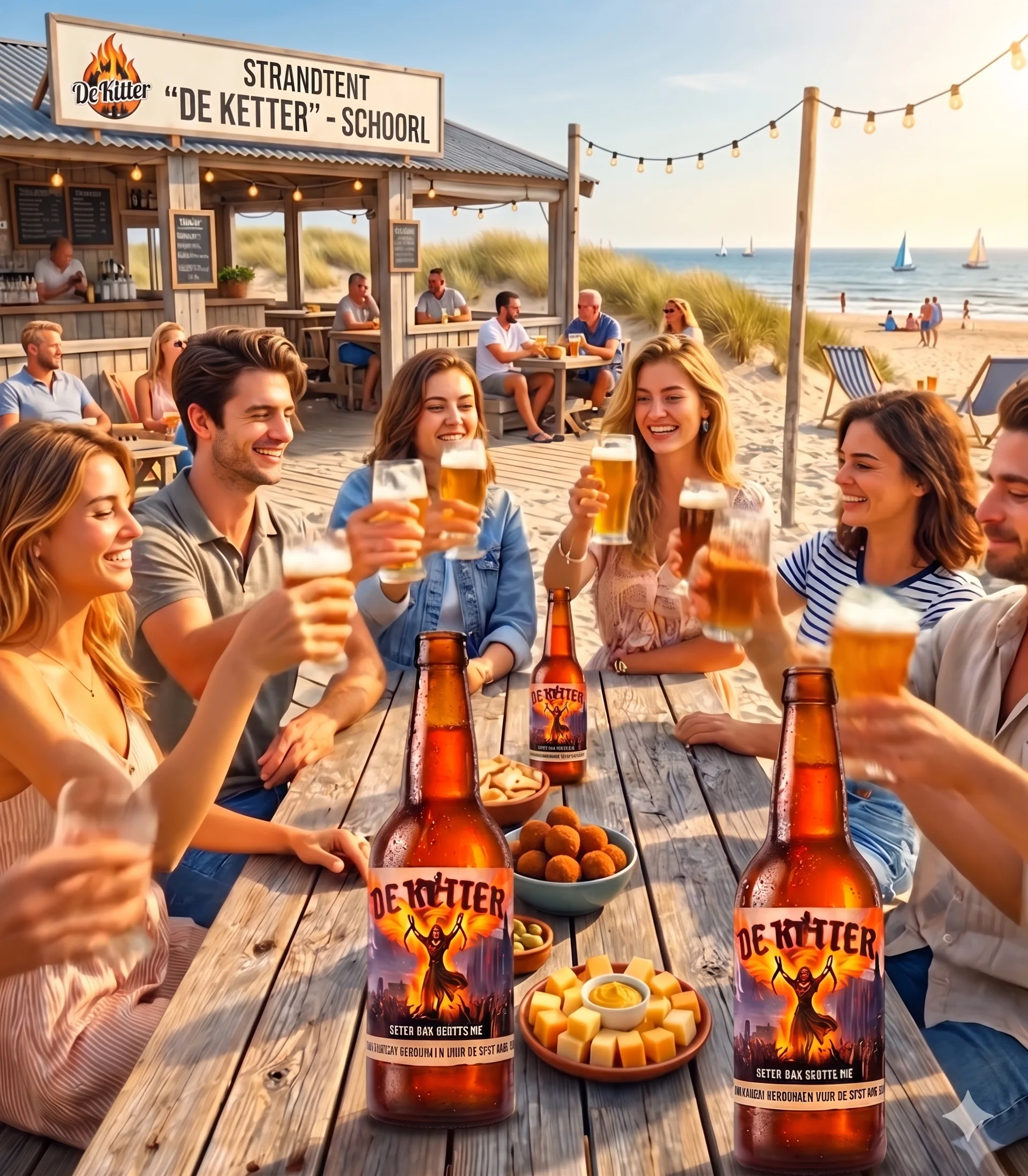 Een levendige De Ketter strandtent waar mensen samen proosten