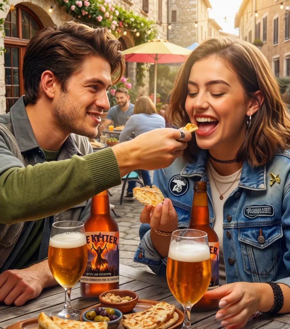 Twee mensen delen De Ketter aan tafel op een zonnig terras
