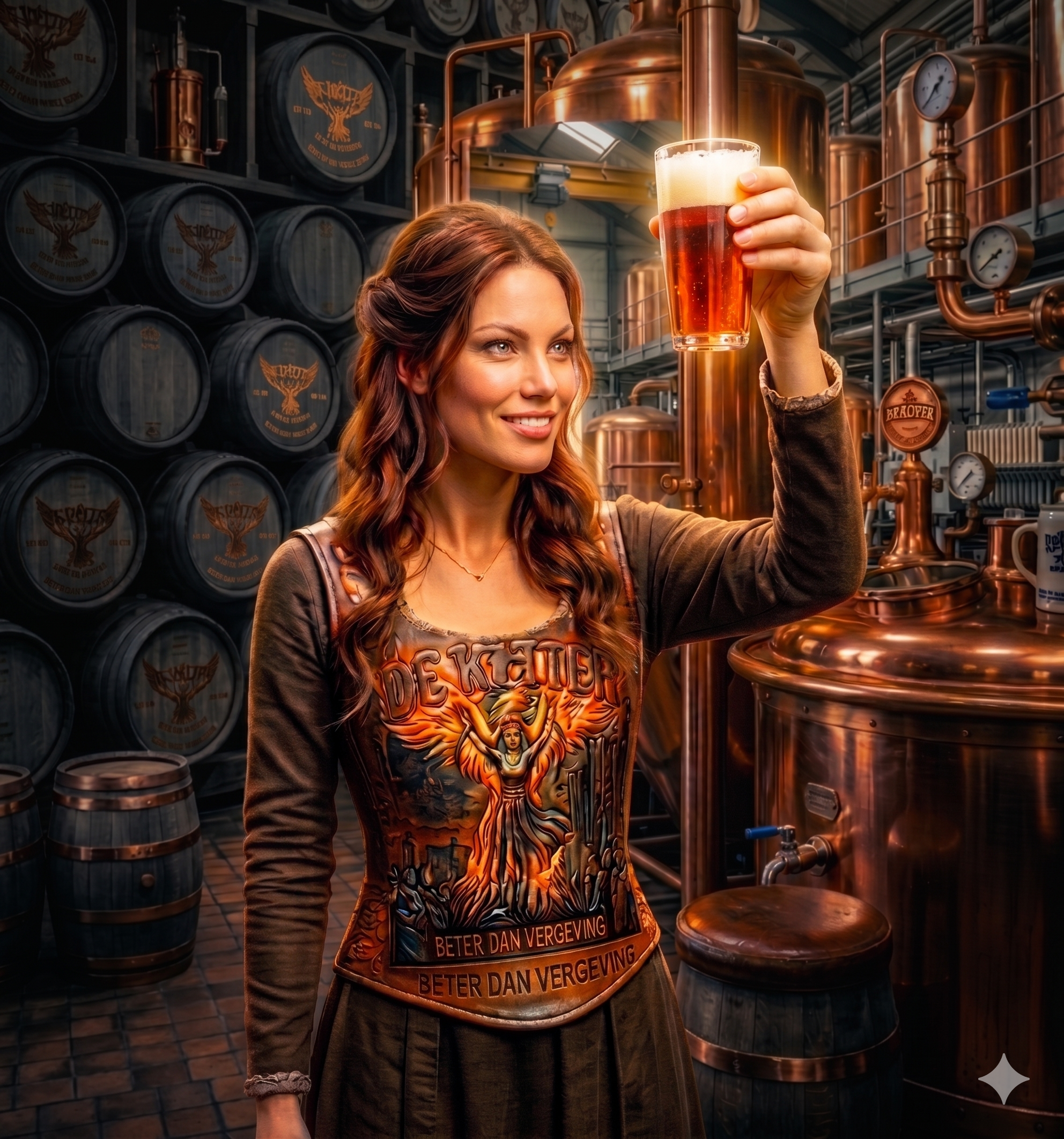 Marguerite in de brouwerij met een glas De Ketter omhoog